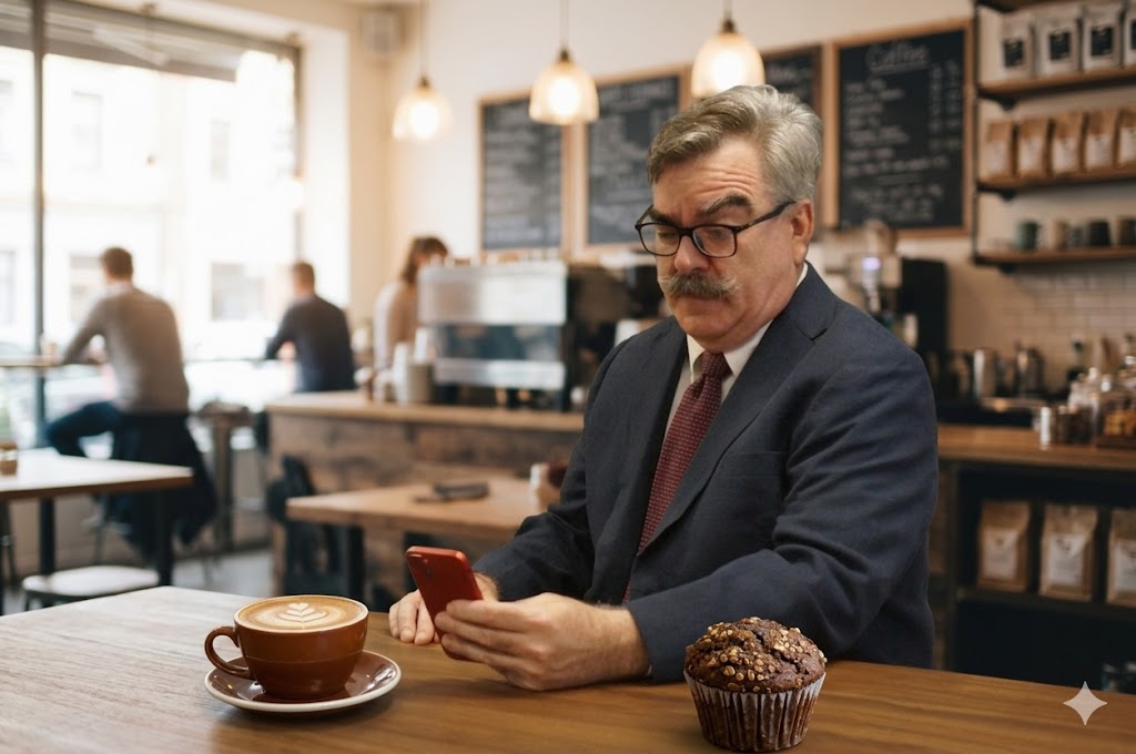 Al Beuscher, founder, looking at his phone in an animated fashion.